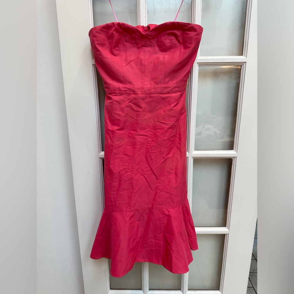 J. Crew Dark Pink Fluted Chic Strapless Silk Formal Cocktail Midi Dress Size 2